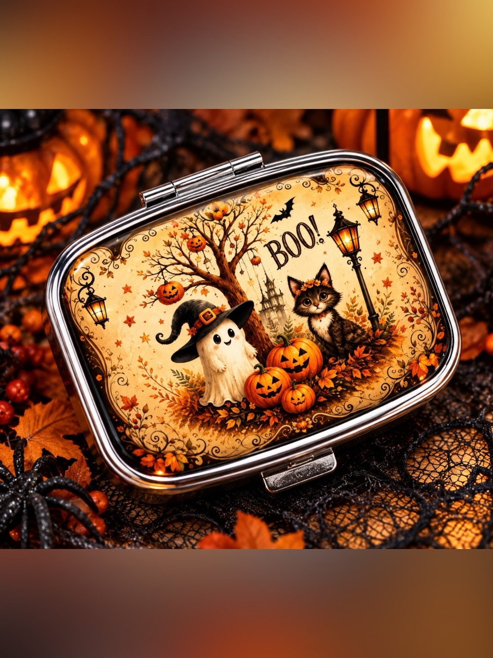Halloween Ghost Pumpkin Cat Oblong Pill Organizer 2-Compartment Compact Pill